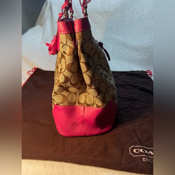 Coach Signature Canvas Pink Leather Trim Business Tote Laptop Work Bag F6432 - Picture 13 of 16